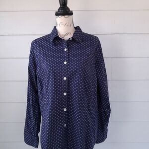 L.L.Bean XL Navy Pink Geometric Micro Dot Button Down Stretch Top Contrast Cuffs
